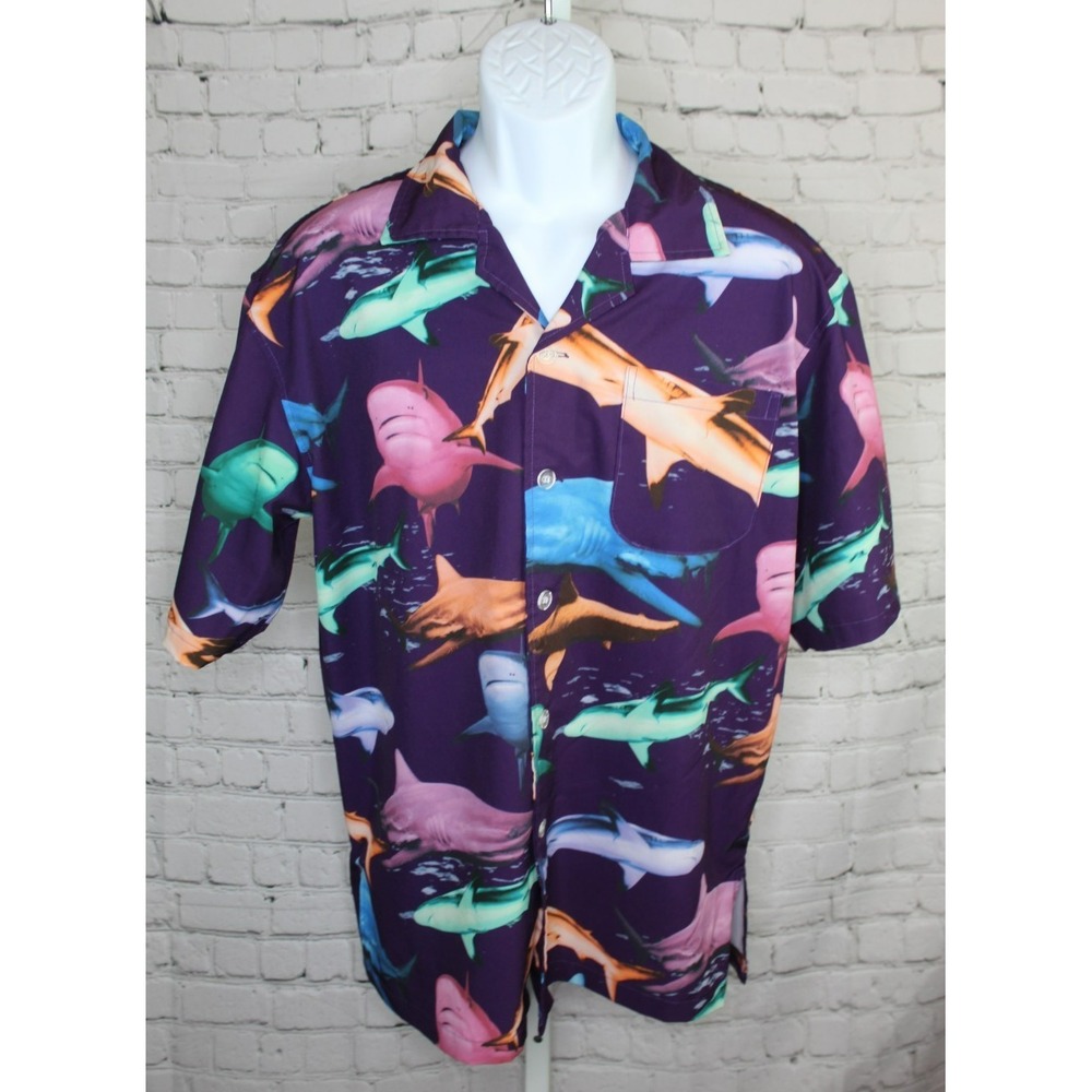 APTRO Performance Stretch Men's L Shark All Over Print Button Up SS Shirt Purple
